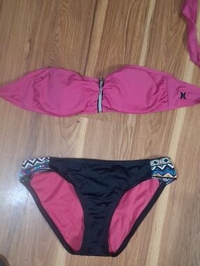 Hurley Hot Pink Bandeau Bikini Top with Black Printed-Accent Bottoms